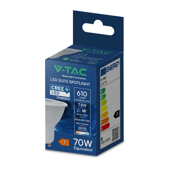 V-TAC CREE GU10 LED spot égő 7.5W hideg fehér 38° - SKU 218776