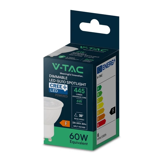 V-TAC CREE GU10 LED spot égő dimmelhető 6W hideg fehér 38° - SKU 211976