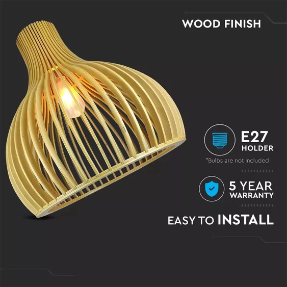 Wooden Pendant Light With Chrome Decorative Cap + Canopy + Lampshade Round D350*H450MM