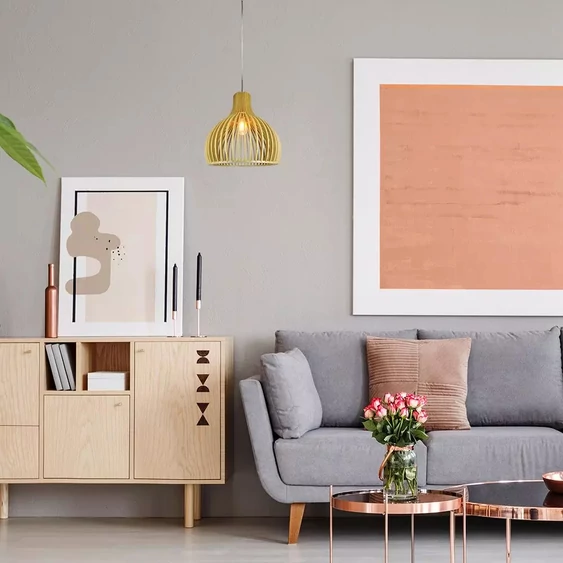 Wooden Pendant Light With Chrome Decorative Cap + Canopy + Lampshade Round D350*H450MM