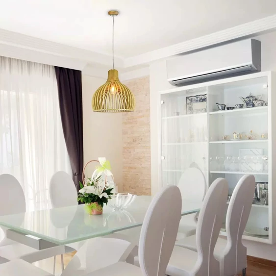 Wooden Pendant Light With Chrome Decorative Cap + Canopy + Lampshade Round D350*H450MM