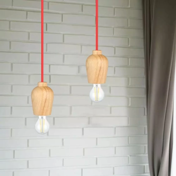 Wooden Pendant Light Red Wire