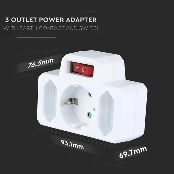 3 Outlet Power Adapter With Earth Contact And Switch 16A 250V ( Label + Polybag With Headcard)