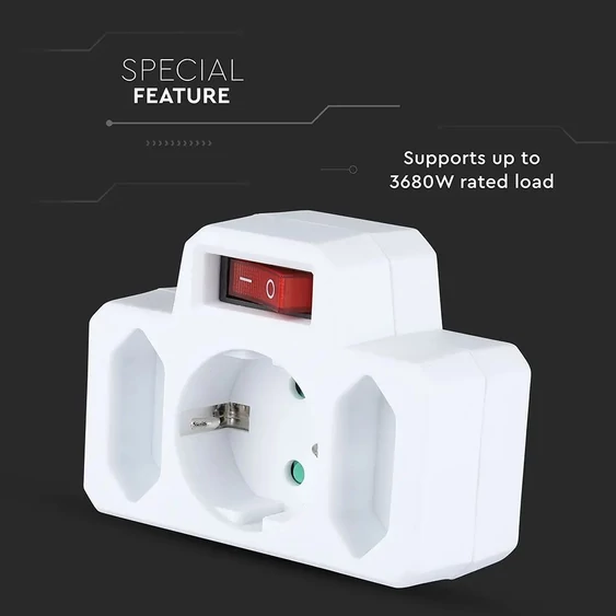 3 Outlet Power Adapter With Earth Contact And Switch 16A 250V ( Label + Polybag With Headcard)