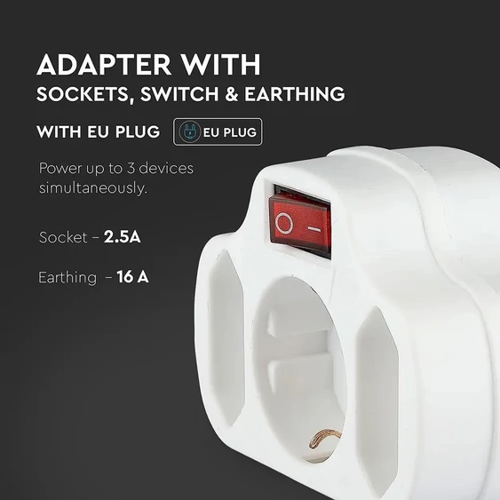 Adapter With Switch & Earthing Contact 2 Socket 2.5 1 Socket 16A