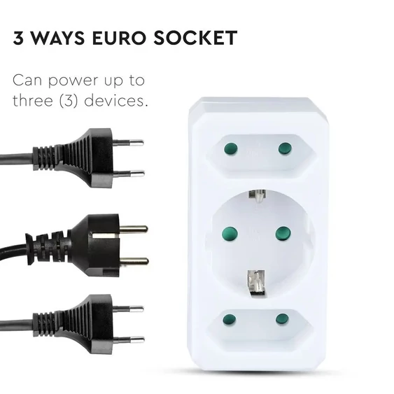 2 Ways Adapter With 2 Euro Socket 10A , 1 Socket 10/16A 250V ( Label+ Polybag ) White