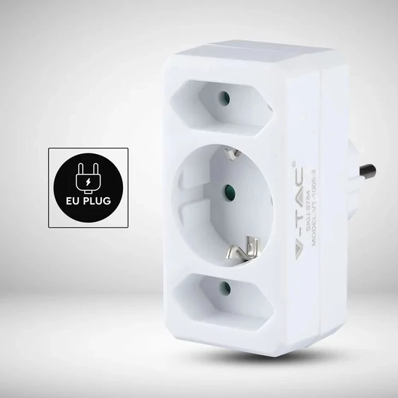 2 Ways Adapter With 2 Euro Socket 10A , 1 Socket 10/16A 250V ( Label+ Polybag ) White