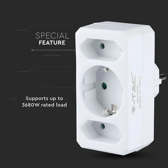 2 Ways Adapter With 2 Euro Socket 10A , 1 Socket 10/16A 250V ( Label+ Polybag ) White