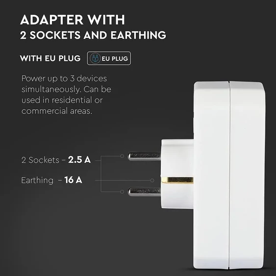 Adapter With Earthing Contact 2 Socket 2.5A 1 Socket 16A White
