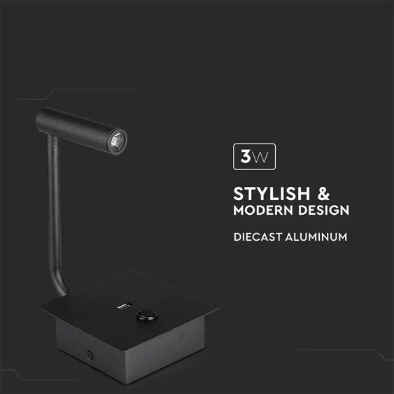 V-TAC fali LED COB olvasólámpa kapcsolóval és USB porttal fekete 3W meleg fehér, fekete - SKU 1487