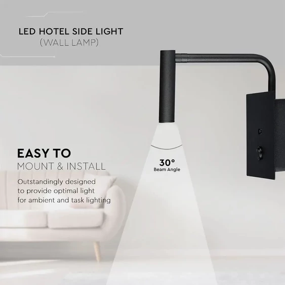 V-TAC fali LED COB olvasólámpa kapcsolóval és USB porttal fekete 3W meleg fehér, fekete - SKU 1487