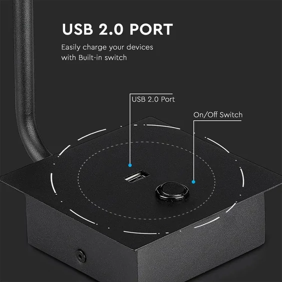 V-TAC fali LED COB olvasólámpa kapcsolóval és USB porttal fekete 3W meleg fehér, fekete - SKU 1487