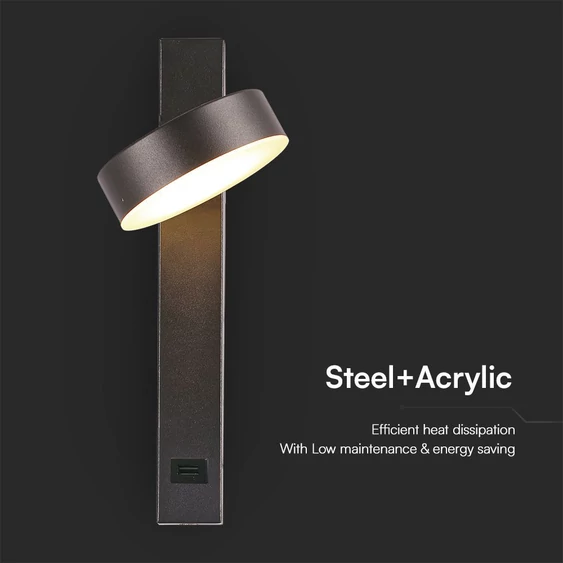 V-TAC fali LED lámpa, USB töltővel, akril fekete, meleg fehér - SKU 23405