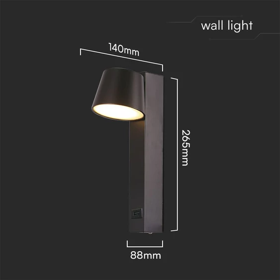 V-TAC fali LED lámpa, USB töltővel, akril fekete, meleg fehér - SKU 23406