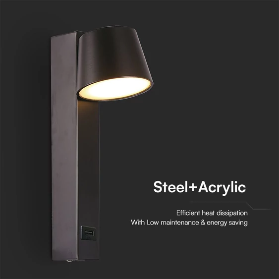 V-TAC fali LED lámpa, USB töltővel, akril fekete, meleg fehér - SKU 23406