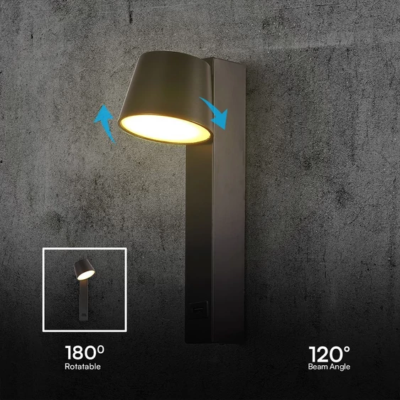 V-TAC fali LED lámpa, USB töltővel, akril fekete, meleg fehér - SKU 23406