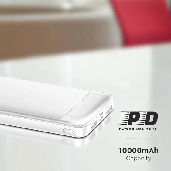 V-TAC fehér 10000mAh powerbank, Power Delivery, gyorstöltéssel, Type-C kábellel - SKU 7834
