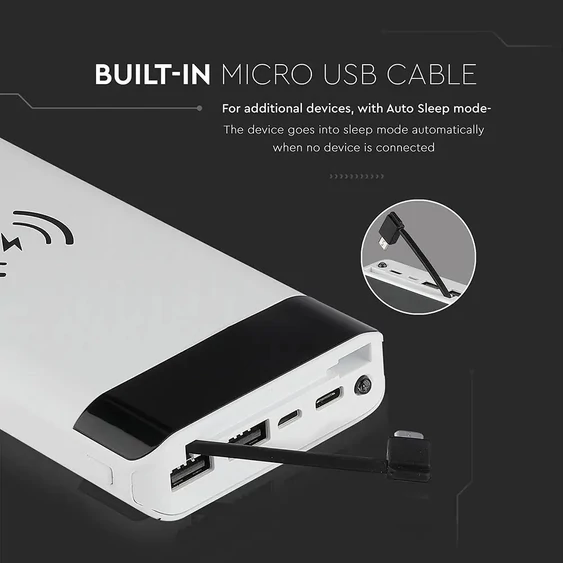 V-TAC fehér, 20000mAh powerbank vezeték nélküli töltővel, kijelzővel - SKU 8860