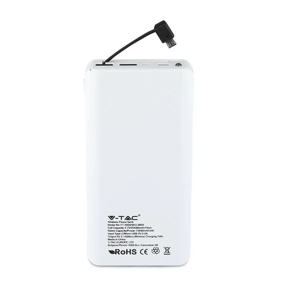 V-TAC fehér, 20000mAh powerbank vezeték nélküli töltővel, kijelzővel - SKU 8860