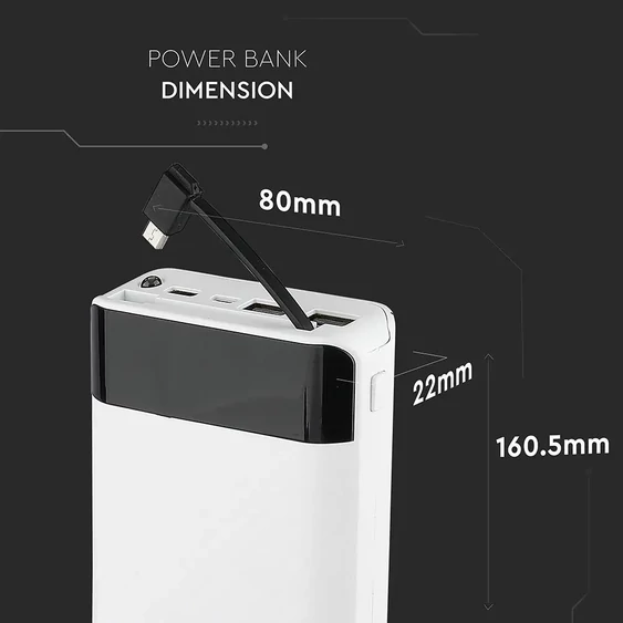 V-TAC fehér, 20000mAh powerbank vezeték nélküli töltővel, kijelzővel - SKU 8860