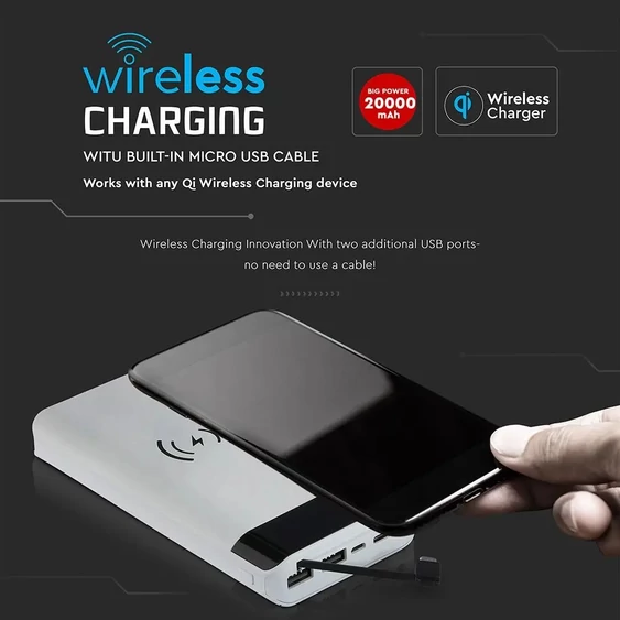 V-TAC fehér, 20000mAh powerbank vezeték nélküli töltővel, kijelzővel - SKU 8860