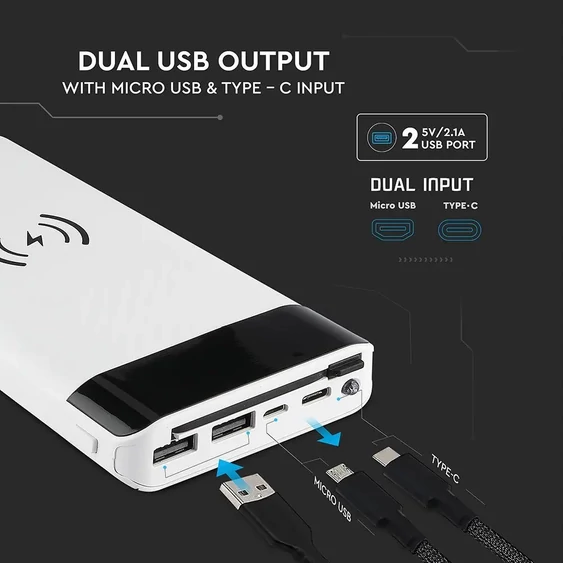 V-TAC fehér, 20000mAh powerbank vezeték nélküli töltővel, kijelzővel - SKU 8860
