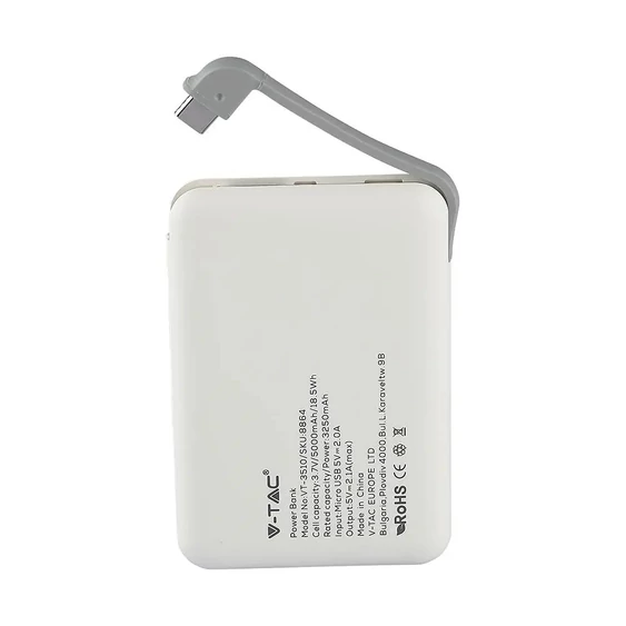 V-TAC fehér, 5000mAh powerbank, beépített kábellel, jelzőfénnyel - SKU 8864