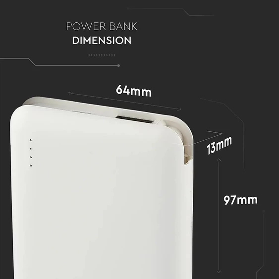 V-TAC fehér, 5000mAh powerbank, beépített kábellel, jelzőfénnyel - SKU 8864