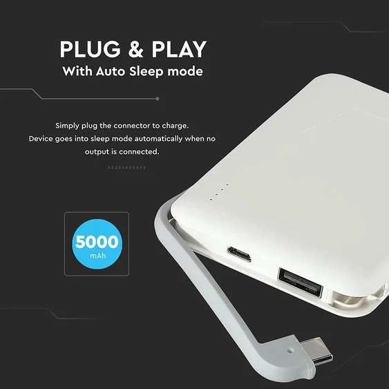 V-TAC fehér, 5000mAh powerbank, beépített kábellel, jelzőfénnyel - SKU 8864