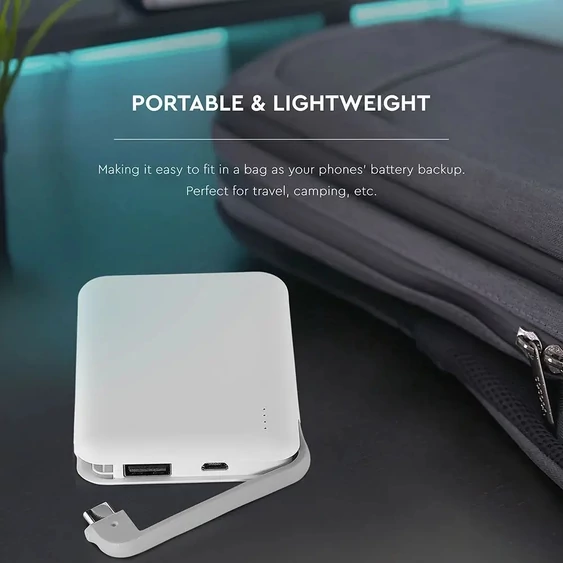 V-TAC fehér, 5000mAh powerbank, beépített kábellel, jelzőfénnyel - SKU 8864