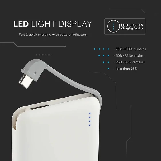 V-TAC fehér, 5000mAh powerbank, beépített kábellel, jelzőfénnyel - SKU 8864