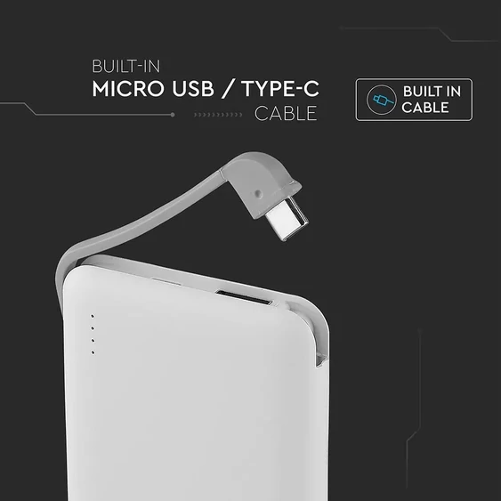 V-TAC fehér, 5000mAh powerbank, beépített kábellel, jelzőfénnyel - SKU 8864