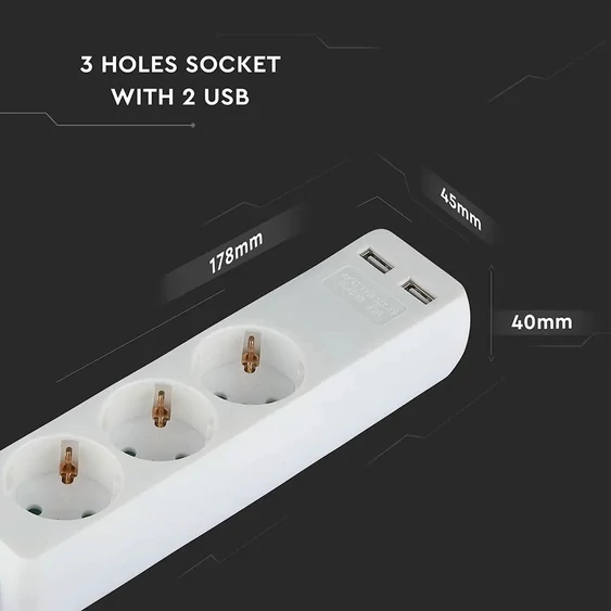 3 Ways Socket With 2 USB (3G 1.5MM2 X 5M) Polybag With Card White