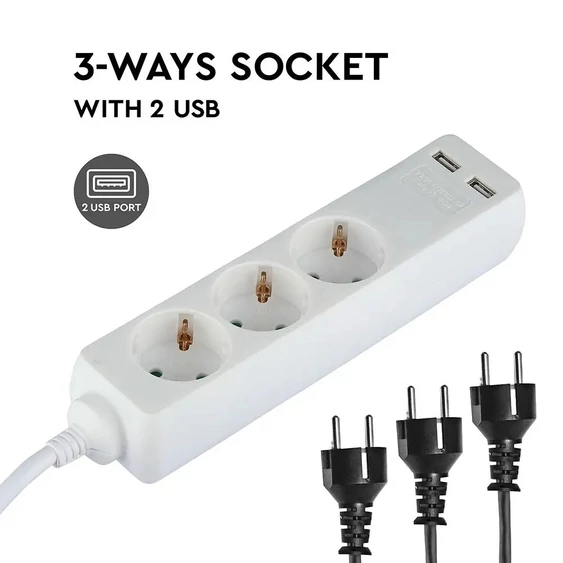 3 Ways Socket With 2 USB (3G 1.5MM2 X 5M) Polybag With Card White