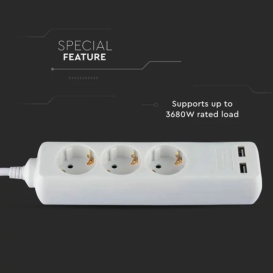 3 Ways Socket With 2 USB (3G 1.5MM2 X 5M) Polybag With Card White
