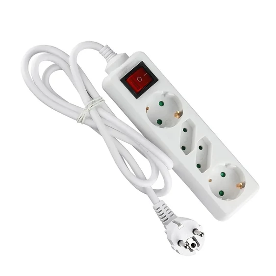 V-TAC fehér elosztó 4db aljzattal, kapcsolóval, 1.5m kábel - SKU 8770