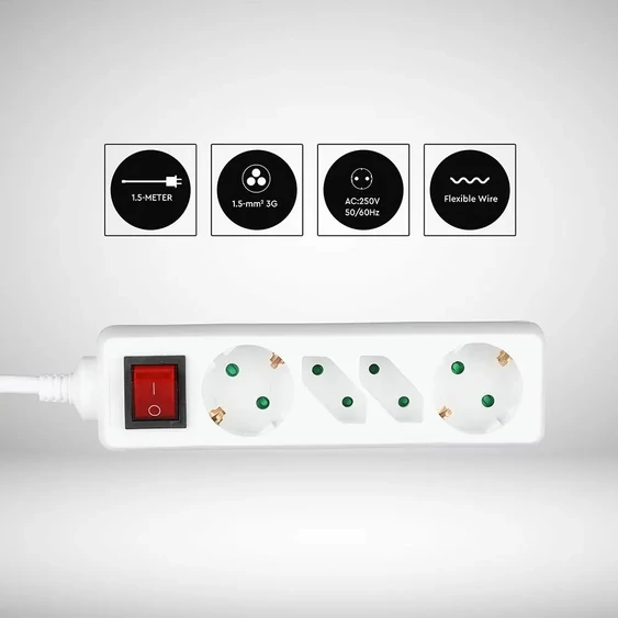 4 Holes Socket Whit Switch (3G 1.5MM2 X 1.5M ) Polybag With Card White