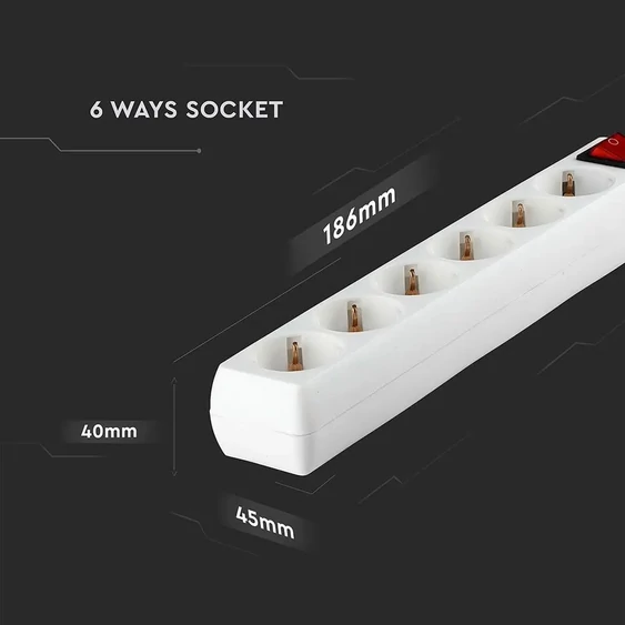 V-TAC fehér elosztó 6db aljzattal, kapcsolóval, 1.5m kábel - SKU 8768