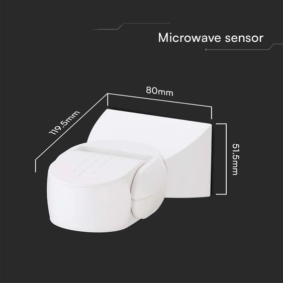 V-TAC fehér mikrohullámú szenzoros fali mozgásérzékelő, 180°, IP65 - SKU 23164