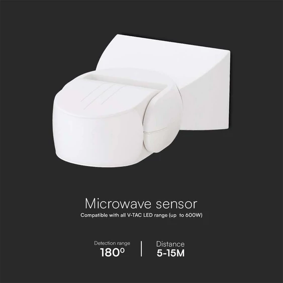 V-TAC fehér mikrohullámú szenzoros fali mozgásérzékelő, 180°, IP65 - SKU 23164