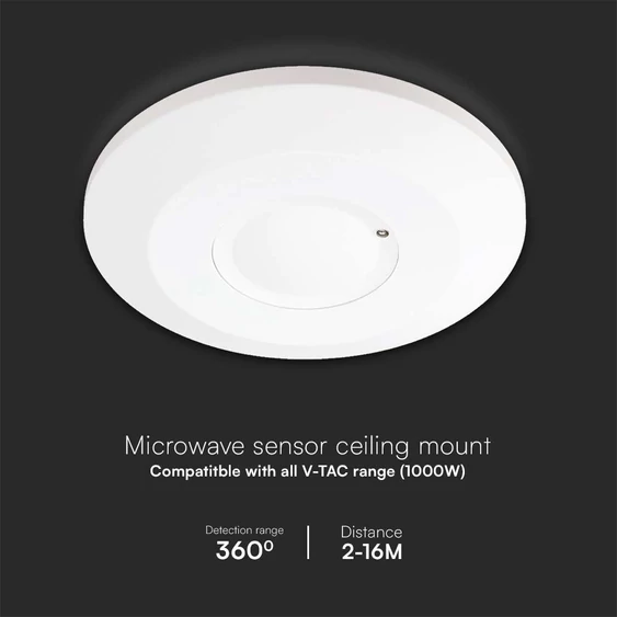 V-TAC fehér mikrohullámú szenzoros lapos mennyezeti mozgásérzékelő, 360°, IP20 - SKU 23163