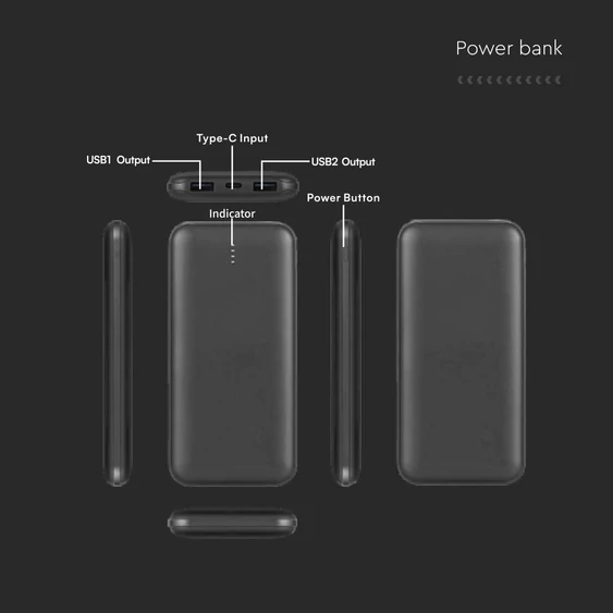 V-TAC fekete 10000mAh powerbank, 30cm Type-C kábellel - SKU 23036