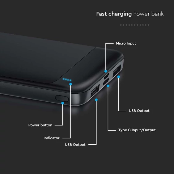 V-TAC fekete 10000mAh powerbank, Power Delivery, gyorstöltéssel, Type-C kábellel - SKU 7833