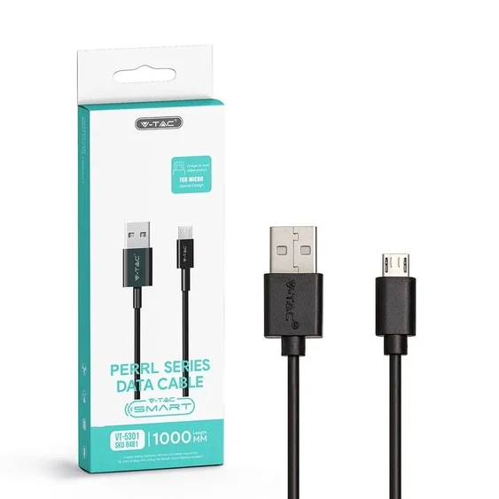 V-TAC fekete, USB - Micro USB 1m hálózati kábel - SKU 8481