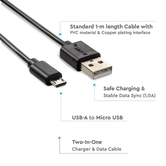 V-TAC fekete, USB - Micro USB 1m hálózati kábel - SKU 8481