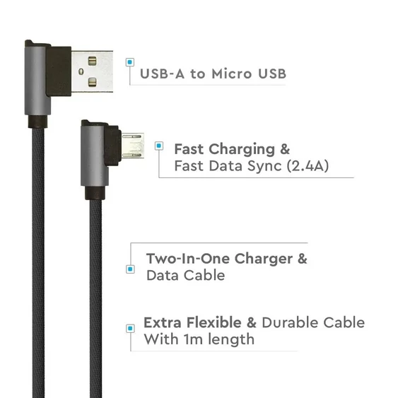 V-TAC fekete, USB - Micro USB 1m hálózati kábel - SKU 8635