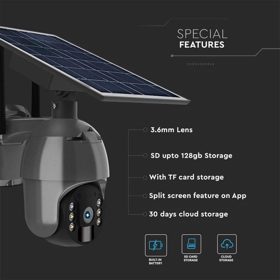 White WiFi Solar powered outdoor PTZ camera, with motion sensor