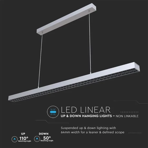 V-TAC függeszthető dimmelhető lineáris LED lámpa UGR<6 118cm 60W természetes fehér - SKU 607