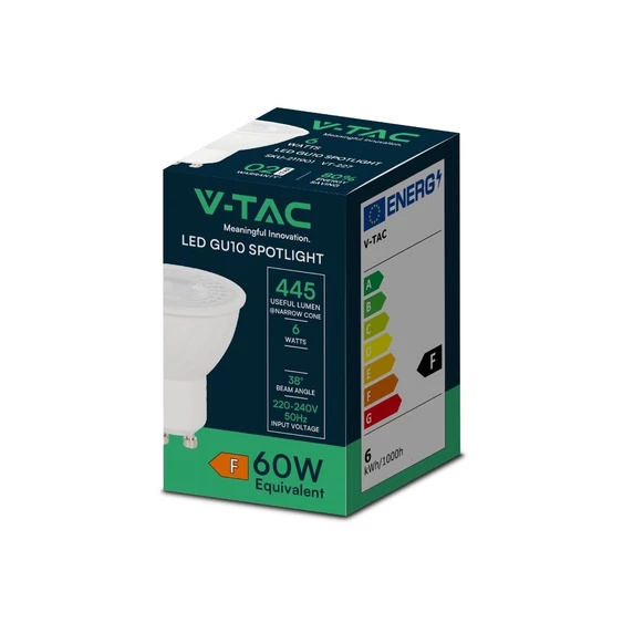 V-TAC GU10 LED spot égő 6W hideg fehér 38° - SKU 211911