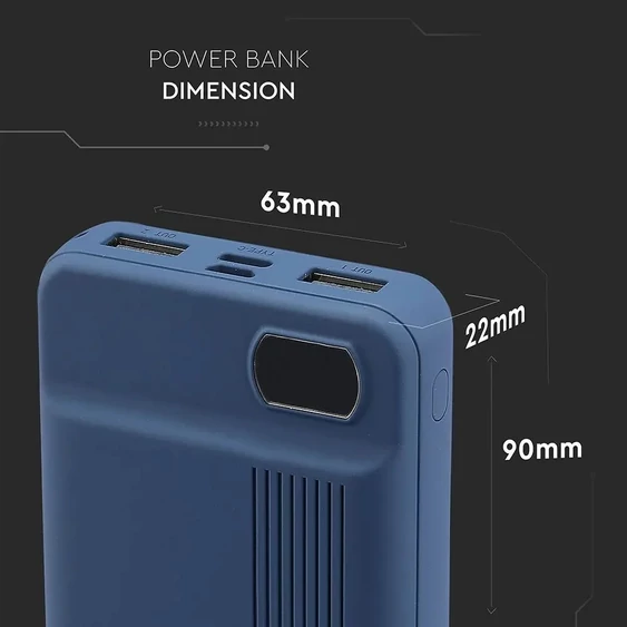 V-TAC kék, 10000mAh powerbank, kijelzővel - SKU 8853
